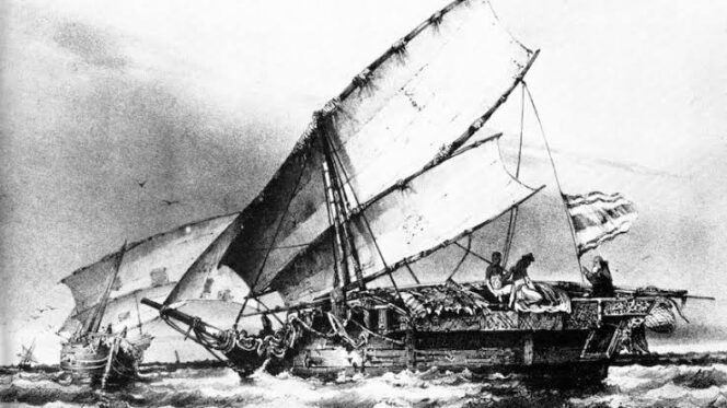 
					Gambar saat perahu dari Makassar di perairan Raffles Bay, dekat Coburg peninsula oleh L. Breton di tahun 1839, (Foto: Campbell Macknight)