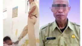 guru berinisial DM (58) tampak naik ke atas meja lalu menendang kepala siswa berinisial GAM (13), siswa kelas VII, sebanyak dua kali.(Foto:Praba/istimewa)