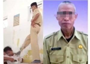 guru berinisial DM (58) tampak naik ke atas meja lalu menendang kepala siswa berinisial GAM (13), siswa kelas VII, sebanyak dua kali.(Foto:Praba/istimewa)