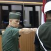 Terdakwa lainnya, Peltu Yun Hari Lubis (tengah) juga menjalani persidangan perdana kasus penembakan tiga polisi berujung tewas di lokasi judi sabung ayam. (ANTARA FOTO/Nova Wahyudi)