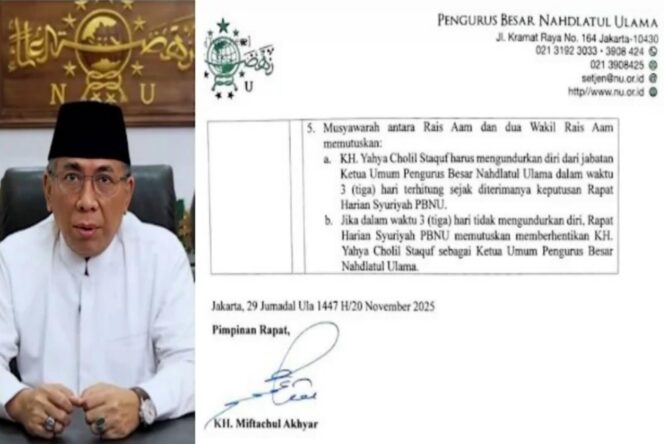 
					Kisruh internal PBNU memanas setelah risalah rapat Syuriyah yang berisi mosi tidak percaya terhadap Ketua Umum PBNU, KH. Yahya Cholil Staquf, 