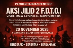 Ribuan ojol dan kurir (kurol) dari berbagai daerah akan menggelar aksi besar di Istana 20 November 2025. FDTOI menekankan lima tuntutan utama terkait tarif dan regulasi transportasi online.(Foto: FDTOI)