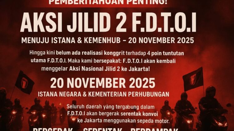 Ribuan ojol dan kurir (kurol) dari berbagai daerah akan menggelar aksi besar di Istana 20 November 2025. FDTOI menekankan lima tuntutan utama terkait tarif dan regulasi transportasi online.(Foto: FDTOI)