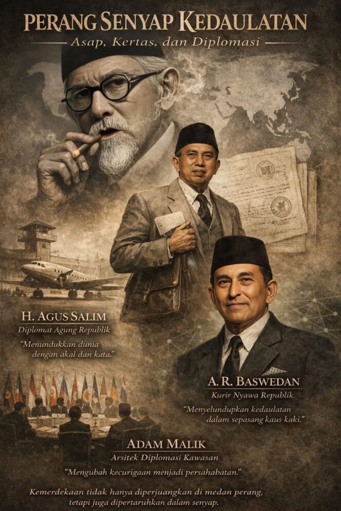 
					Kisah diplomasi sunyi para tokoh republik — dari kepulan kretek H. Agus Salim, kaus kaki A.R. Baswedan yang menyelamatkan dokumen pengakuan Mesir,(Istimewa)