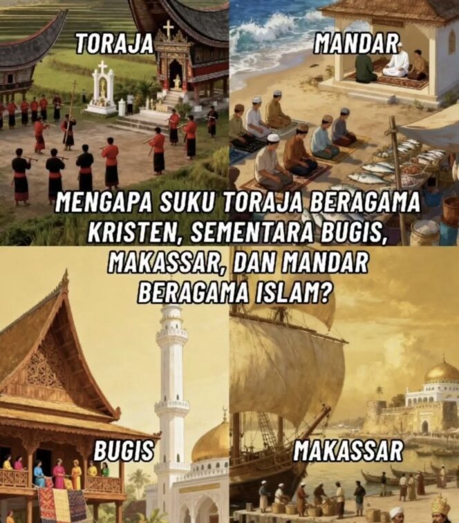 
					Perbedaan agama Toraja dan tetangga pesisirnya bukan kebetulan. Geografi, politik, dan strategi kolonial Belanda jadi kunci Toraja mayoritas Kristen, sedangkan Bugis, Makassar, dan Mandar mayoritas Islam.(Istimewa)