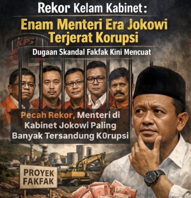 
					Enam menteri era Presiden Jokowi tercatat terjerat kasus korupsi. Dugaan skandal proyek di Fakfak yang menyeret nama Bahlil Lahadalia kini menambah sorotan publik.