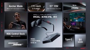 ROG XREAL R1 hadir sebagai kacamata AR gaming ASUS ROG dengan layar micro-OLED 240Hz, dukungan ROG Control Dock, kompatibilitas ROG Ally, lensa elektrokromik, dan audio Sound by Bose untuk pengalaman gaming layar besar yang imersif.(Istimewa)