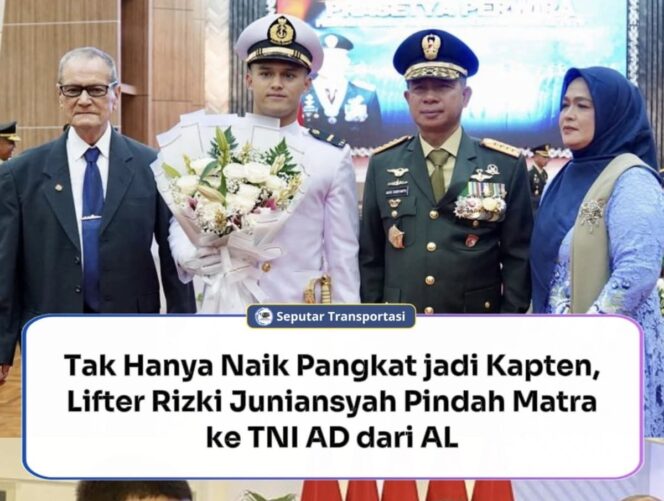 
					Atlet angkat besi Rizki Juniansyah menerima kenaikan pangkat luar biasa dari Letnan Dua menjadi Kapten dan berpindah matra dari TNI AL ke TNI AD.