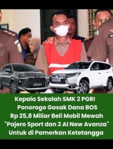 Kepala SMK PGRI 2 Ponorogo diduga korupsi dana BOS Rp25,8 miliar untuk beli mobil mewah dan bus pariwisata. Vonis 12 tahun penjara sudah dijatuhkan.(Istimewa)