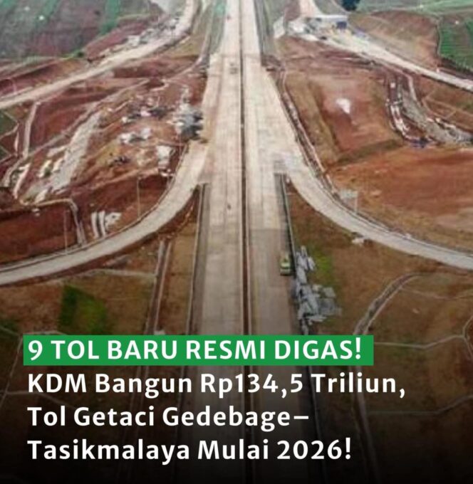 
					Pemprov Jawa Barat menyiapkan 9 ruas tol baru sepanjang 266,66 km dengan investasi Rp134,5 triliun. Tol Getaci Gedebage–Tasikmalaya kembali diprioritaskan mulai 2026.