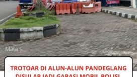 Warga keluhkan pos polisi Satlantas Polres Pandeglang di Alun-alun Pandeglang yang dinilai menutup trotoar dan mengganggu hak pejalan kaki hingga terpaksa turun ke badan jalan.