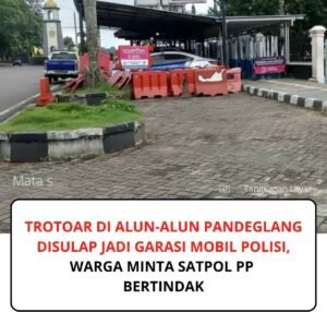 Warga keluhkan pos polisi Satlantas Polres Pandeglang di Alun-alun Pandeglang yang dinilai menutup trotoar dan mengganggu hak pejalan kaki hingga terpaksa turun ke badan jalan.