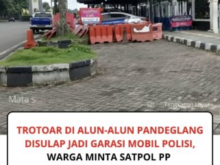 Warga keluhkan pos polisi Satlantas Polres Pandeglang di Alun-alun Pandeglang yang dinilai menutup trotoar dan mengganggu hak pejalan kaki hingga terpaksa turun ke badan jalan.