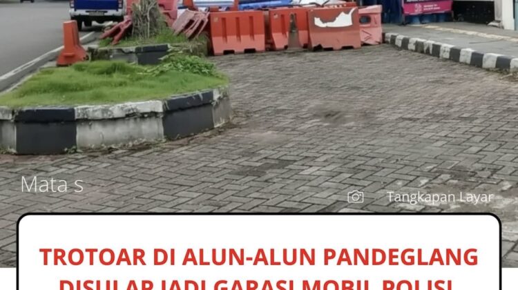 Warga keluhkan pos polisi Satlantas Polres Pandeglang di Alun-alun Pandeglang yang dinilai menutup trotoar dan mengganggu hak pejalan kaki hingga terpaksa turun ke badan jalan.