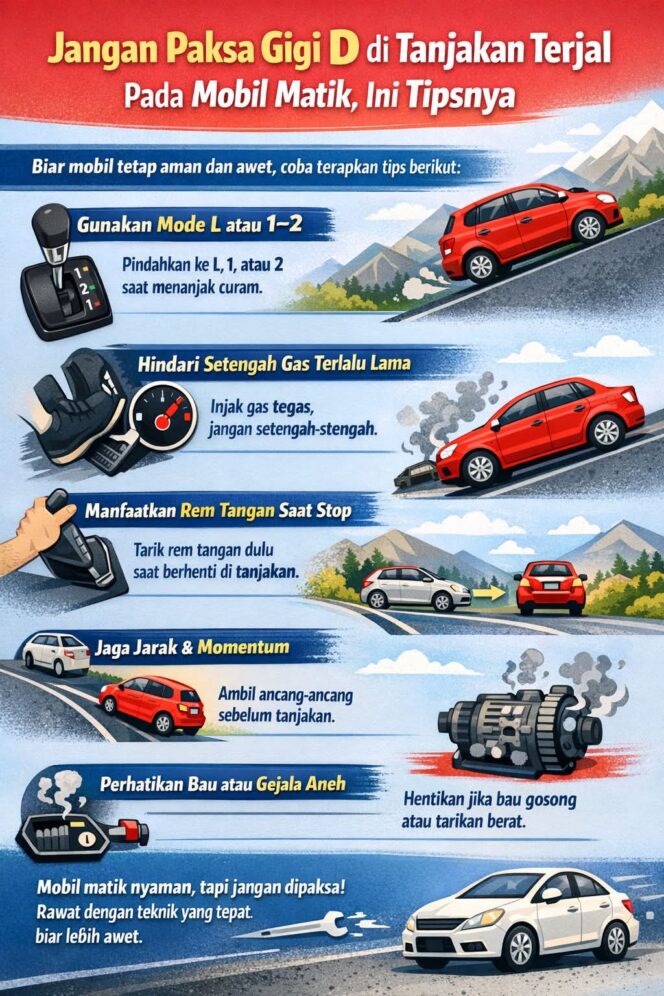 
					Banyak pengemudi mobil matik masih memaksakan gigi D di tanjakan terjal. Simak cara pakai gigi yang benar agar transmisi tidak cepat panas dan lebih awet.
