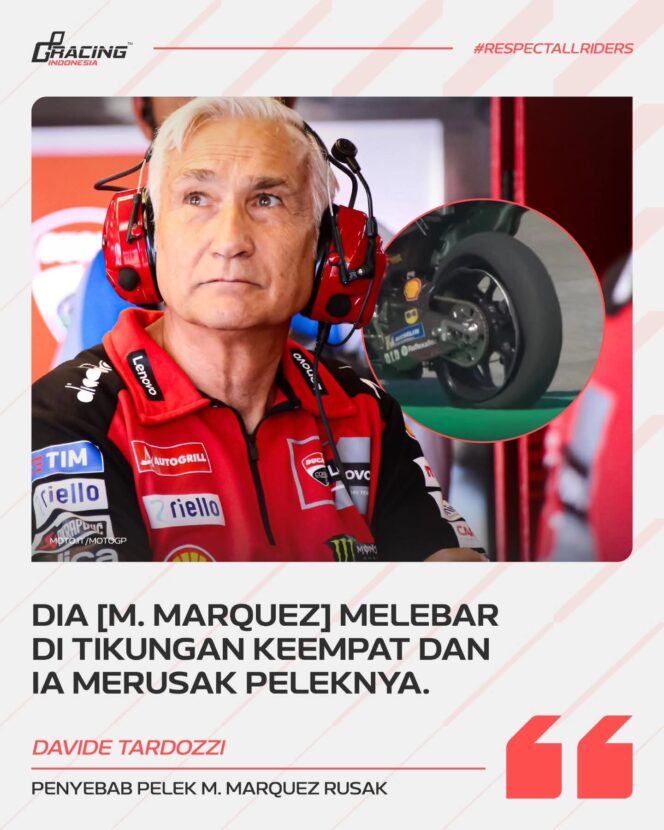 
					Ducati menjelaskan penyebab Marc Marquez gagal finis di MotoGP Thailand usai pelek belakang rusak akibat menghantam kerb Tikungan 4. Michelin menyebut suhu panas dan karakter kerb agresif jadi faktor risiko.
