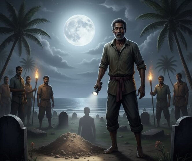 
					Kisah horor nyata dari Kampung Mawar Biru. Seorang nelayan menemukan sosok perempuan memakan mayat anak kecil di dalam kuburan yang baru digali. Teror mengerikan ini mengubah kebiasaan warga menjaga makam selamanya.