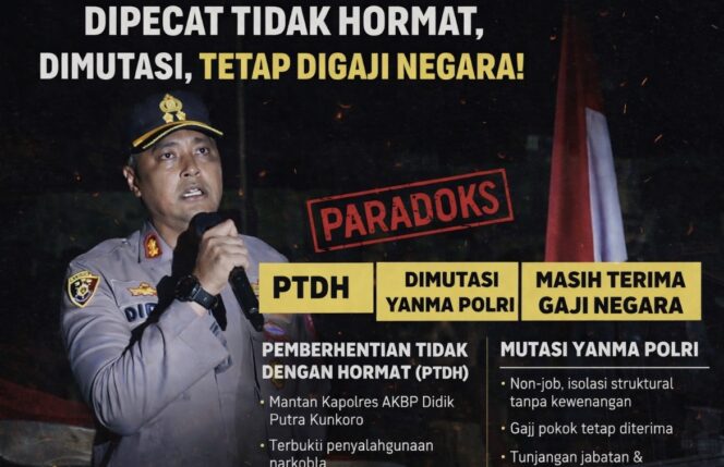 
					AKBP Didik Putra Kuncoro dijatuhi sanksi PTDH terkait kasus narkotika dan dimutasi ke Yanma Polri. Meski non-job, secara administratif ia masih menerima gaji pokok hingga Skep PTDH terbit.