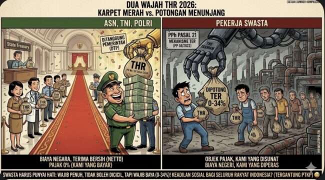 THR 2026 menghadirkan dua wajah: pekerja swasta kena pajak TER hingga 34%, sementara ASN, TNI, dan Polri menerima THR bersih tanpa potongan. Simak selengkapnya.
