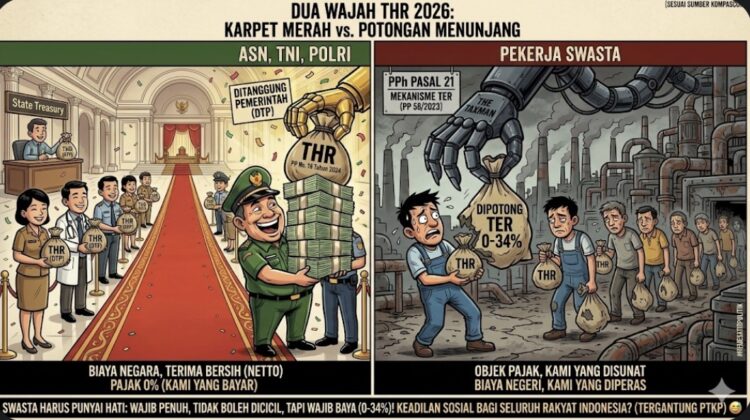 THR 2026 menghadirkan dua wajah: pekerja swasta kena pajak TER hingga 34%, sementara ASN, TNI, dan Polri menerima THR bersih tanpa potongan. Simak selengkapnya.