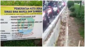 Papan informasi proyek Penataan Pedestrian Jalan Chairil Anwar senilai Rp 3,4 miliar (kiri) dan saluran drainase yang sedang dibangun (kanan)