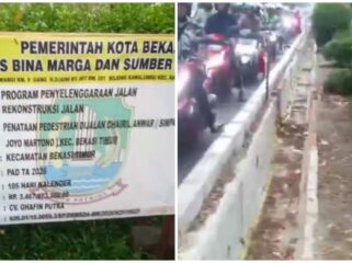 Papan informasi proyek Penataan Pedestrian Jalan Chairil Anwar senilai Rp 3,4 miliar (kiri) dan saluran drainase yang sedang dibangun (kanan)