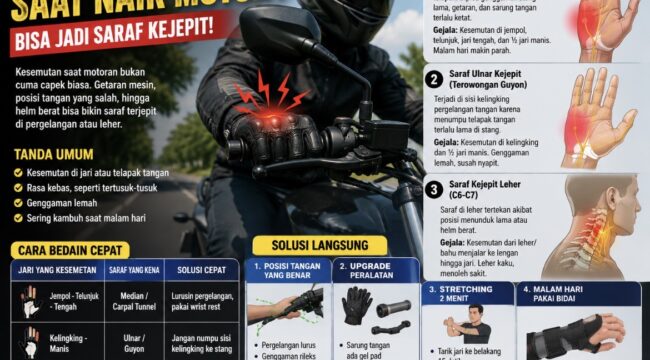 Tangan kesemutan saat naik motor bisa jadi tanda saraf kejepit di pergelangan atau leher. Kenali penyebab, gejala, dan cara mengatasinya sebelum genggaman melemah.
