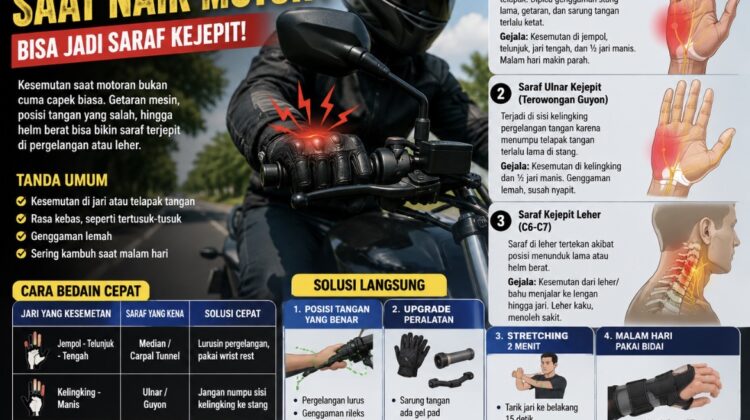 Tangan kesemutan saat naik motor bisa jadi tanda saraf kejepit di pergelangan atau leher. Kenali penyebab, gejala, dan cara mengatasinya sebelum genggaman melemah.