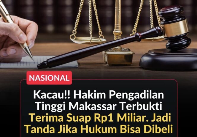 
					Hakim yustisial PT Makassar berinisial YM dipecat usai terbukti menerima Rp1 miliar untuk menjanjikan kemenangan perkara kasasi di MA.(Istimewa)