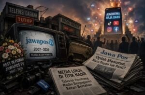 Jawapos TV resmi berhenti mengudara pada usia 19 tahun. Penutupan ini menambah daftar televisi dan radio daerah yang tumbang di tengah perubahan perilaku audiens dan dominasi platform digital.(AI/prabainsight.com)