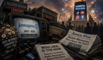 Jawapos TV resmi berhenti mengudara pada usia 19 tahun. Penutupan ini menambah daftar televisi dan radio daerah yang tumbang di tengah perubahan perilaku audiens dan dominasi platform digital.(AI/prabainsight.com)