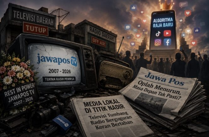 
					Jawapos TV resmi berhenti mengudara pada usia 19 tahun. Penutupan ini menambah daftar televisi dan radio daerah yang tumbang di tengah perubahan perilaku audiens dan dominasi platform digital.(AI/prabainsight.com)
