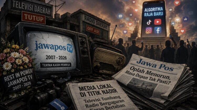 Jawapos TV resmi berhenti mengudara pada usia 19 tahun. Penutupan ini menambah daftar televisi dan radio daerah yang tumbang di tengah perubahan perilaku audiens dan dominasi platform digital.(AI/prabainsight.com)