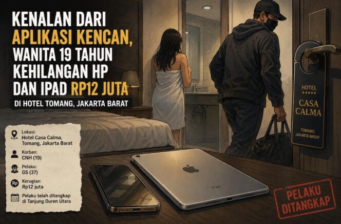 
					Wanita 19 tahun kehilangan HP dan iPad senilai Rp12 juta setelah bertemu pria yang baru dikenalnya lewat aplikasi pertemanan di hotel kawasan Tomang, Jakarta Barat. Pelaku kini ditangkap polisi.