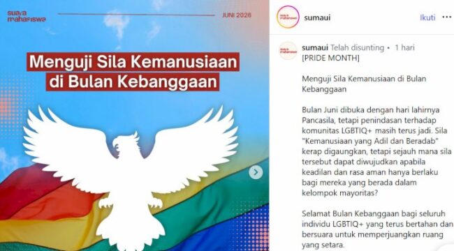 Universitas Indonesia menegaskan unggahan Pride Month SUMA UI bukan sikap resmi kampus. Di tengah polemik yang viral, UI melakukan evaluasi internal sementara alumni SUMA UI menyampaikan keberatan.(istimewa)