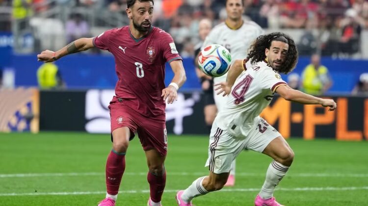 Gol Mikel Merino pada menit 90+1 memastikan kemenangan dramatis Spanyol 1-0 atas Portugal di babak 16 besar Piala Dunia 2026. La Roja kini menunggu pemenang Amerika Serikat vs Belgia di perempat final.(Istimewa)