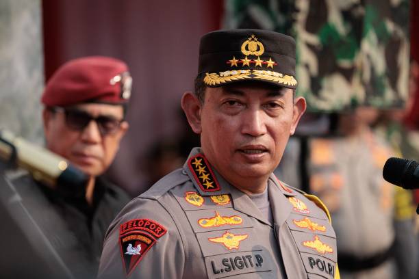 Indonesian Police Chief Listyo Sigit Prabowo (R) talks to media after taking part in the ceremony to form the joint military and police security force for the 43rd ASEAN Summit 2023 at the National Monument park in Jakarta on September 1, 2023. (Photo by Yasuyoshi CHIBA / AFP) (Photo by YASUYOSHI CHIBA/AFP via Getty Images)